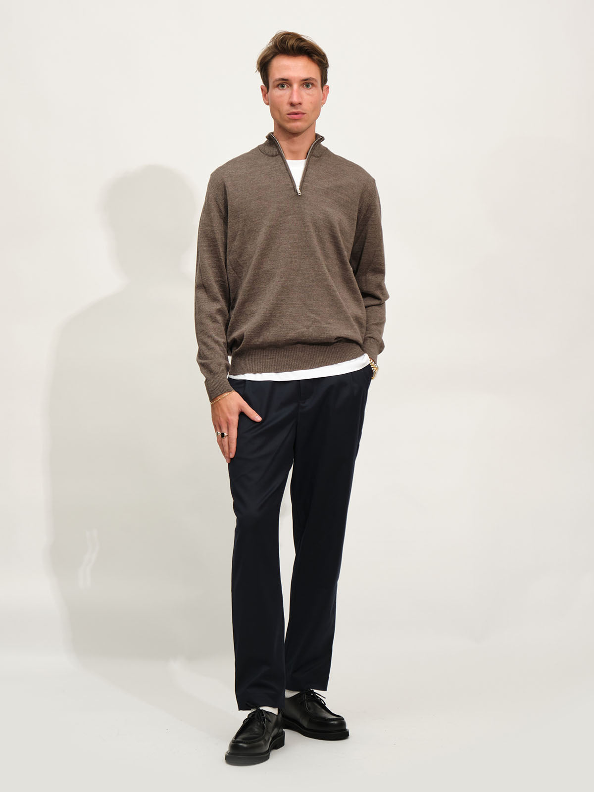 Extrafine Merino Half Zip Knit | Taupe