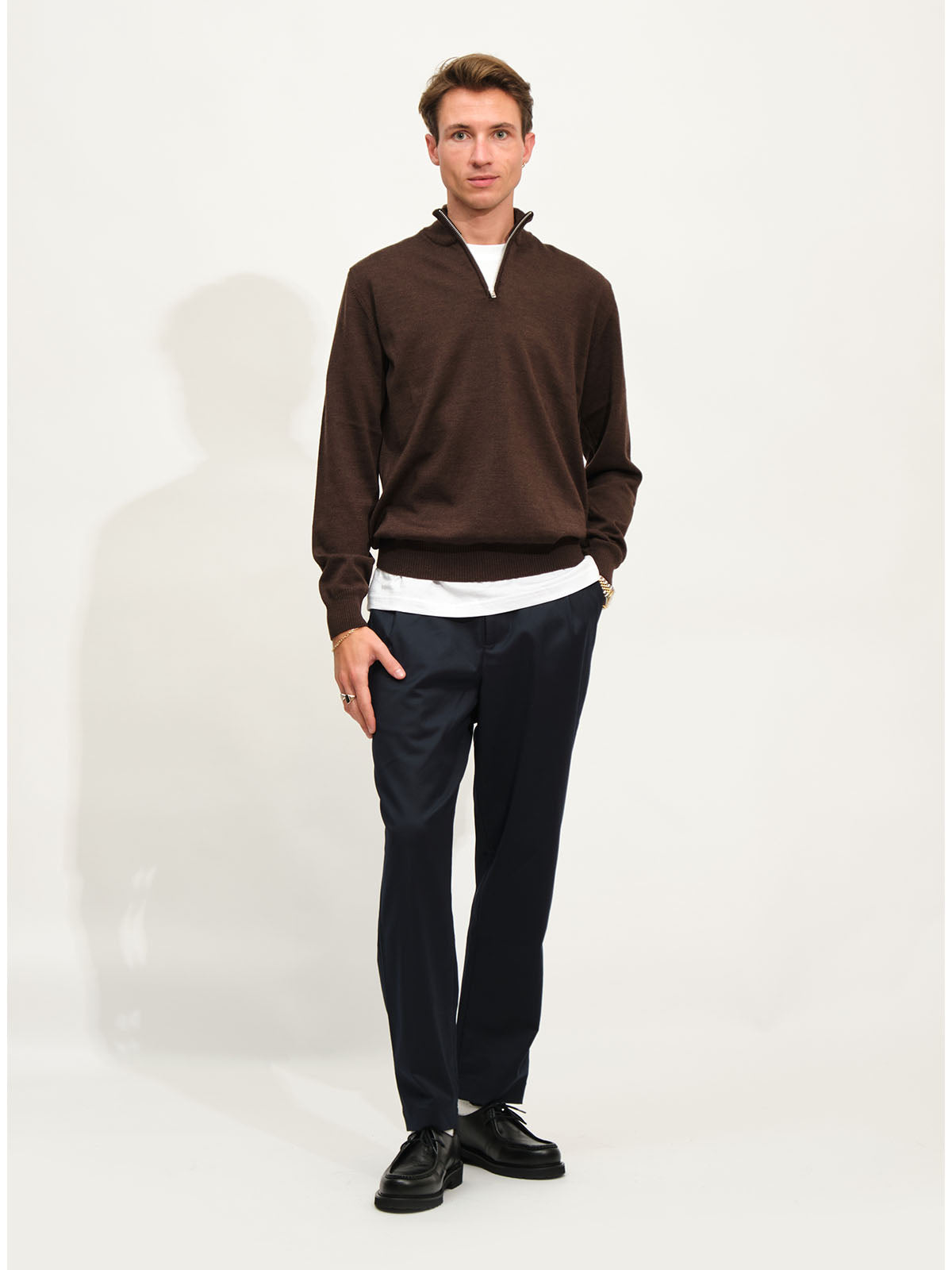 Extrafine Merino Half Zip Knit | Brown