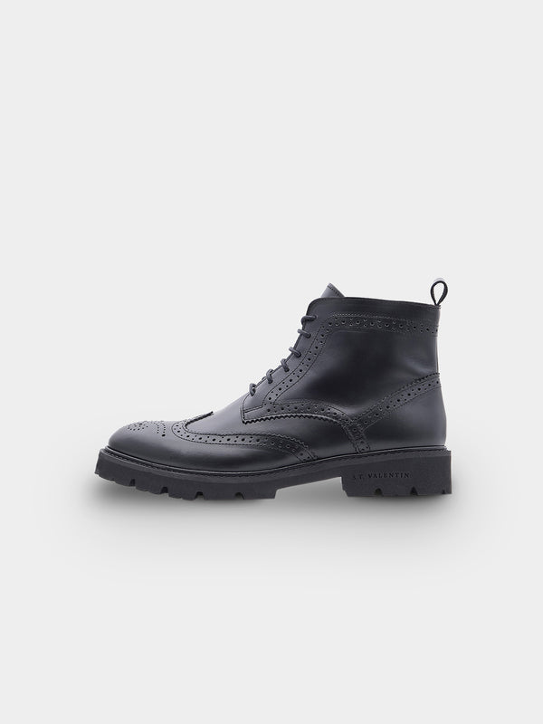 Lightweight Brogue Combat Boot | Black Pull Up Leather
