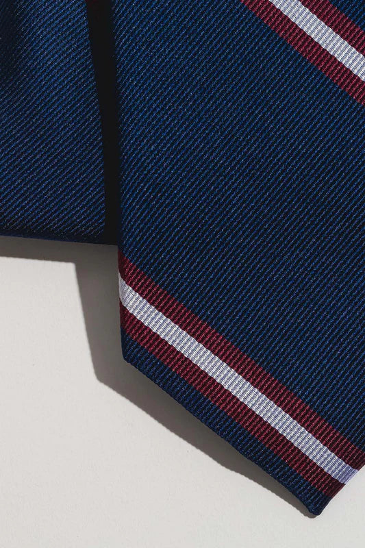 Navy Burgundy White Striped Preppy Silk Tie