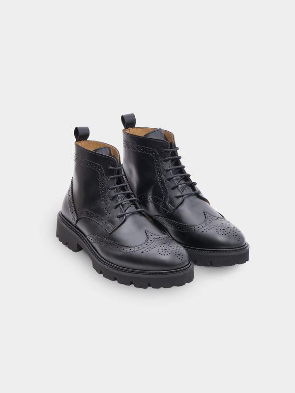 Lightweight Brogue Combat Boot | Black Pull Up Leather