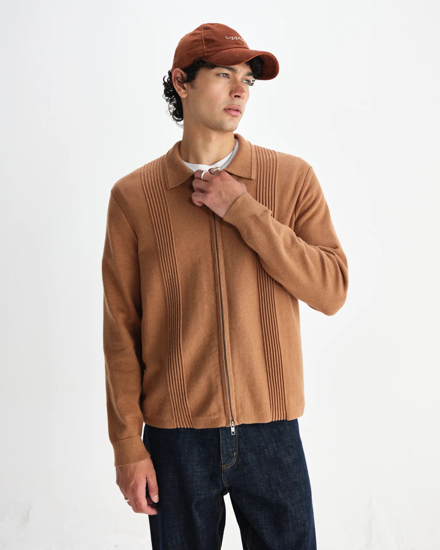 Lennox Zip Polo Milano Ripple Stripe | Camel