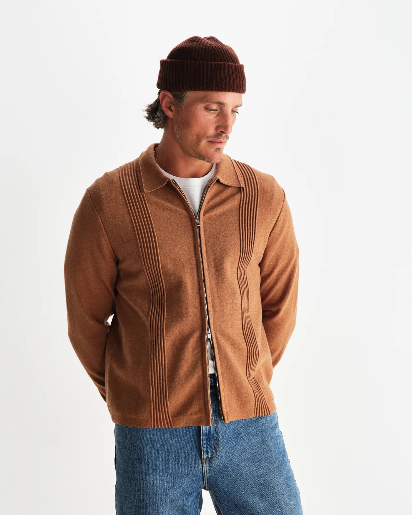 Lennox Zip Polo Milano Ripple Stripe | Camel